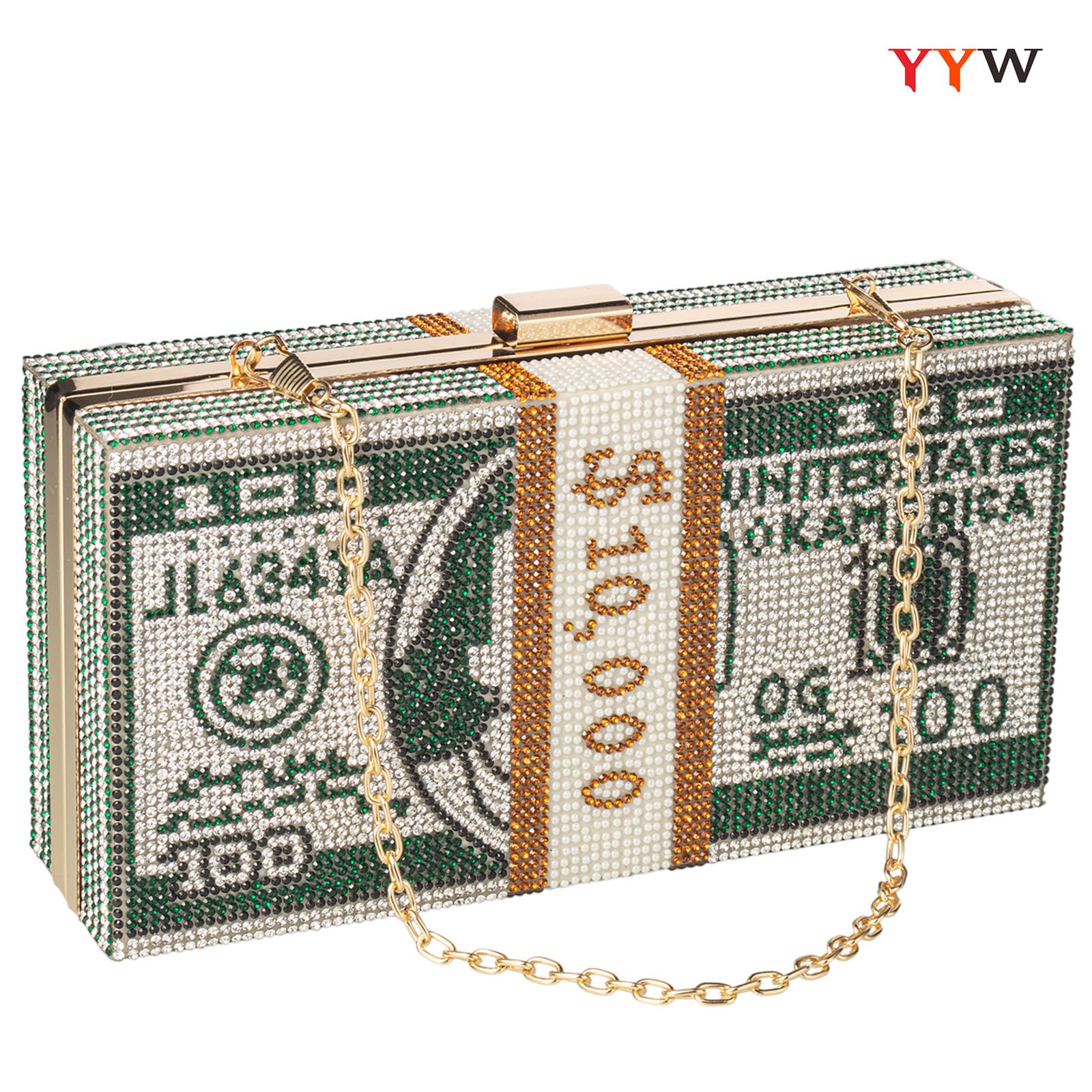 Clutch Purse for Women Cash Money Purse Rhinestone Handbags Evening Clutch Box Bag with Detachable Chain Strap (Green)