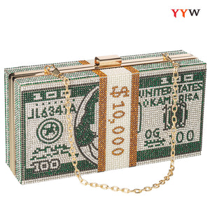 Clutch Purse for Women Cash Money Purse Rhinestone Handbags Evening Clutch Box Bag with Detachable Chain Strap (Green)