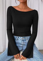 Load image into Gallery viewer, PRETTYGARDEN Women's Long Sleeve Shirts 2025 Fall Going Out Tops Casual Boat Neck Bell Sleeve Ribbed Ruched Y2K Clothes (Black,Medium)
