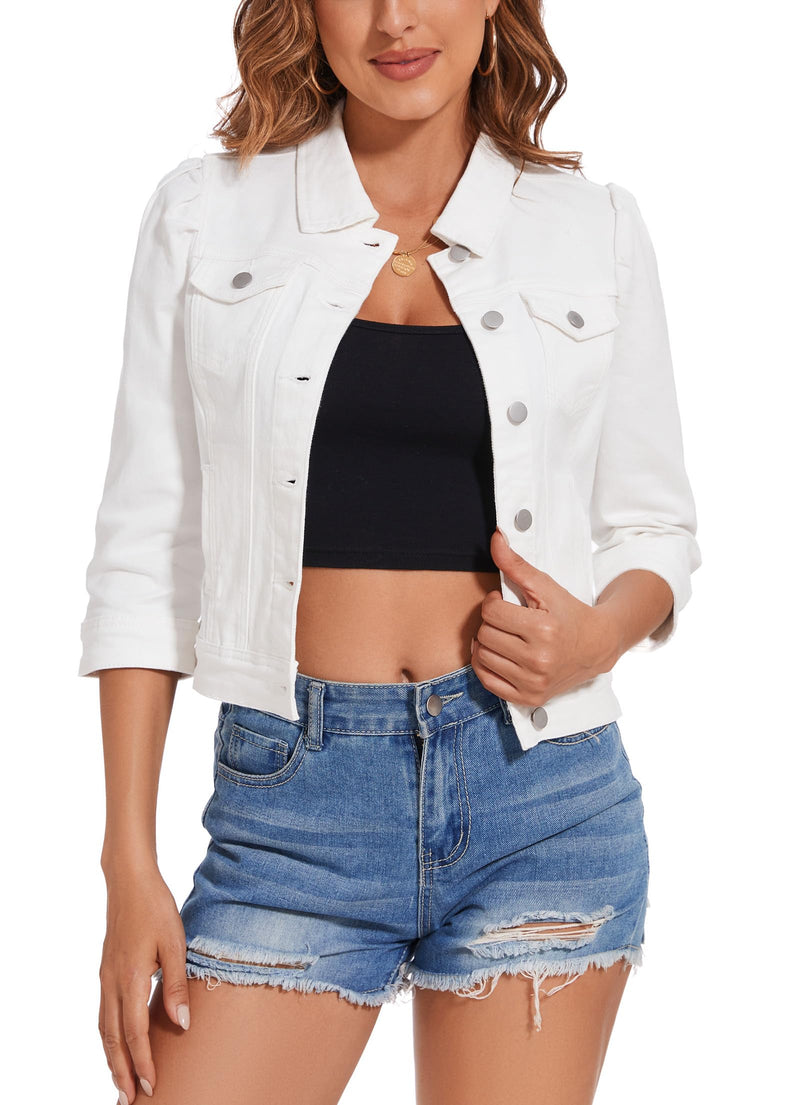 Anienaya Women's Jean Jacket Cropped Denim Jacket Stretchy 3/4 Puff Sleeve Distressed with Pockets