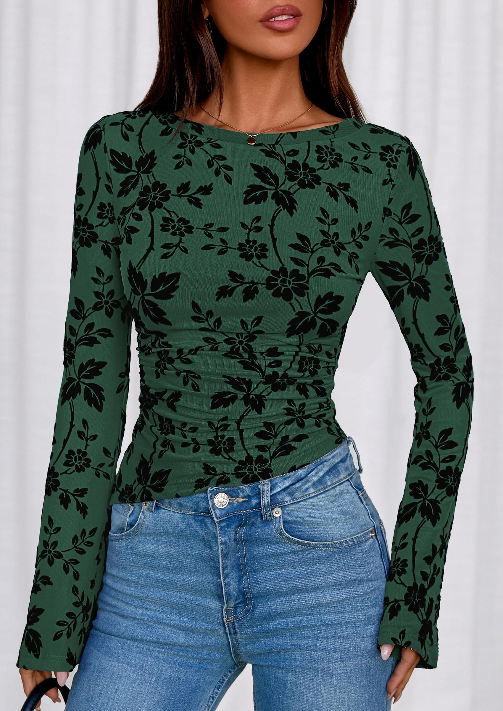 PRETTYGARDEN Women Long Sleeve Floral Mesh Tops Blouse 2025 Fall Trendy Boat Neck Ruched Fitted Shirt Going Out Date Outfits (Dark Green,Medium)
