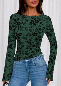 PRETTYGARDEN Women Long Sleeve Floral Mesh Tops Blouse 2025 Fall Trendy Boat Neck Ruched Fitted Shirt Going Out Date Outfits (Dark Green,Medium)