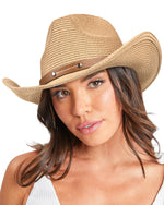 Load image into Gallery viewer, FURTALK Straw Cowboy Sun Hats for Women Men Western Cowgirl Hats with Wind Lanyard UPF 80+ Beach Hat Khaki
