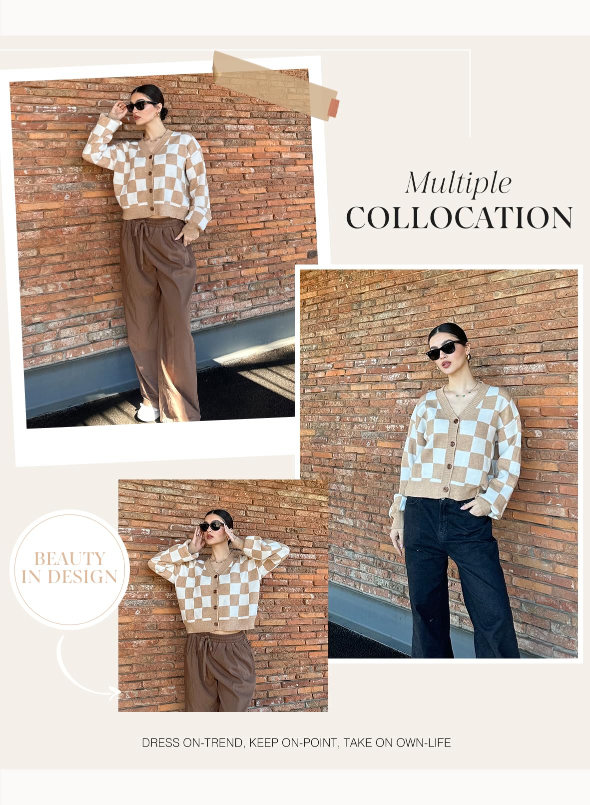 Dokotoo Teacher Outfits for Women Lightweight Fashion 2025 V Neck Checkered Winter Fall Cozy Button Down Long Sleeve Cable Knit Cropped Cardigan Sweaters Tops Outerwear L Khaki