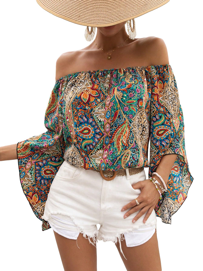 Floerns Women's Boho Off Shoulder 3/4 Bell Sleeve Summer Blouse Top Multi Paisley S