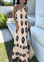 Load image into Gallery viewer, PRETTYGARDEN Women&#39;s Summer One Shoulder Maxi Dresses Printed Flowy Boho Beach Vacation Long Sundress (Beige Black Floral,Small)
