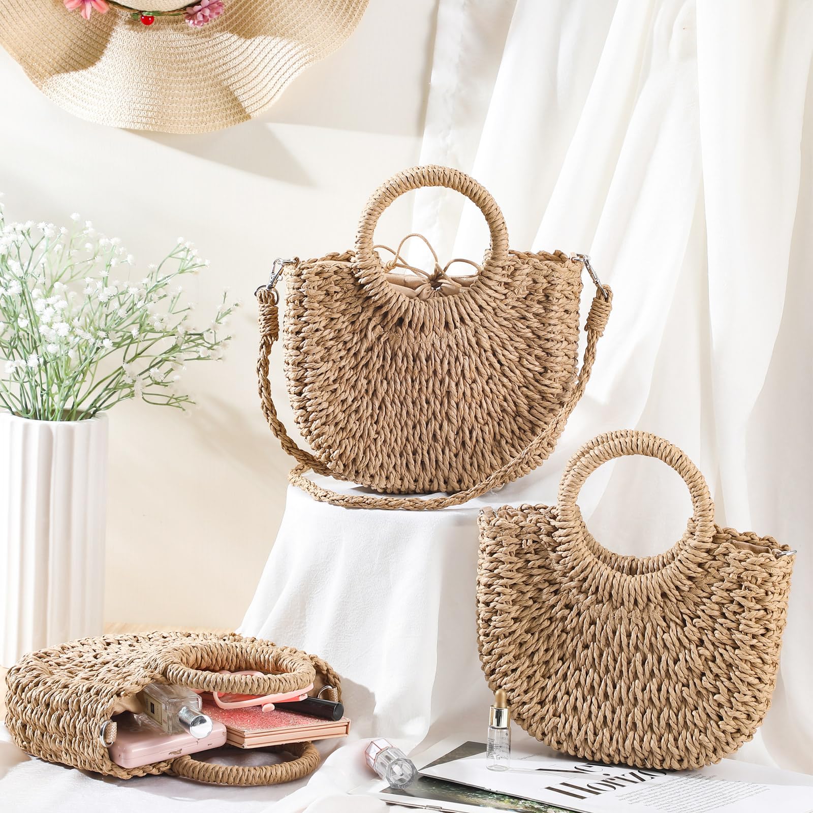 Oudain 6 Pcs Semi Circle Rattan Straw Bags Straw Purses for Women Summer Beach Tote Bags Hand Woven Cross Body Handbag