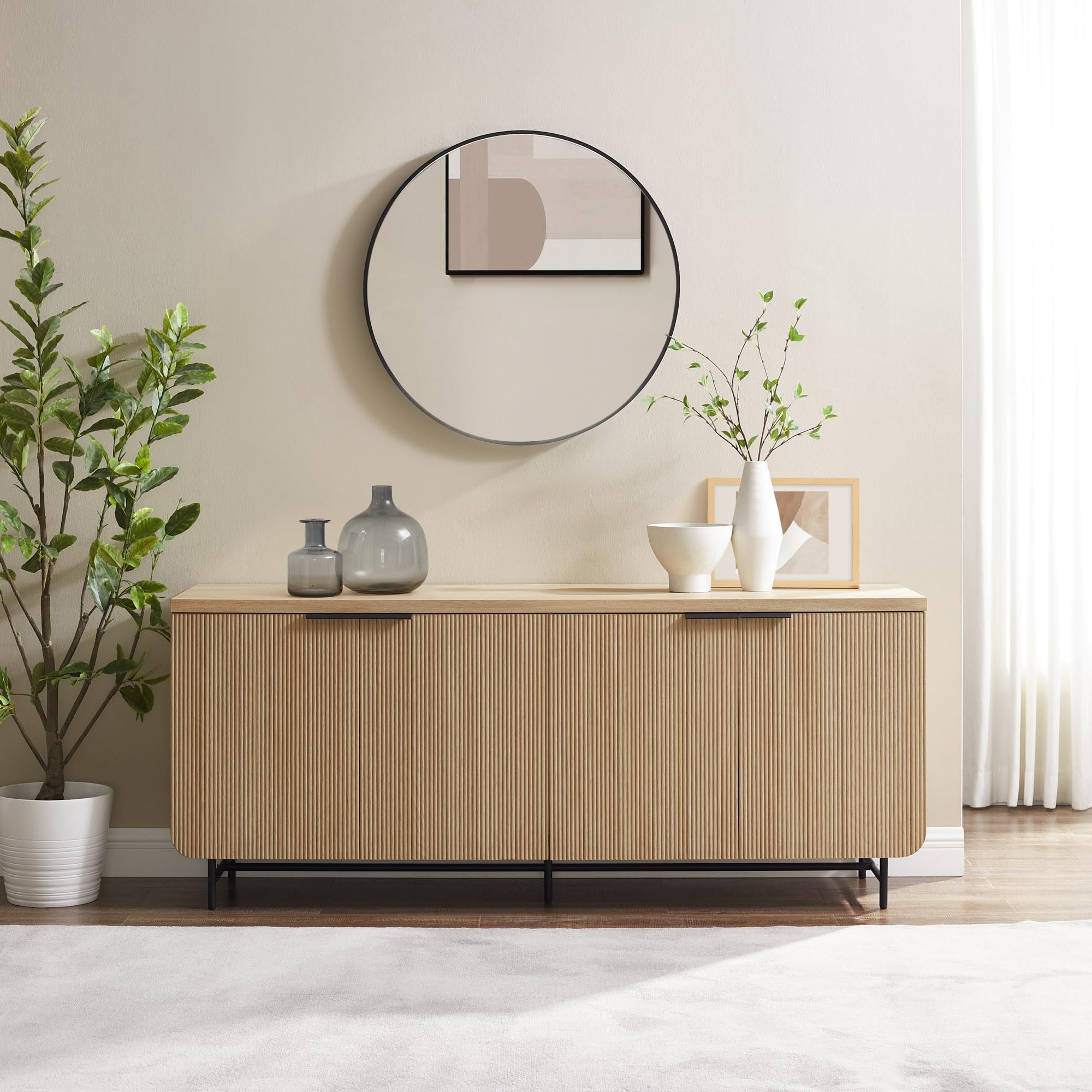 Walker Edison Modern Reema Scandinavian Fluted 4-Door Kitchen Storage Sideboard Buffet Cabinet Console, 69 Inch, Coastal Oak