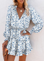Load image into Gallery viewer, Dokotoo Fall Dresses for Women Casual Sexy Deep V Neck Ruffle Chiffon Floral Print Easter Dress Western Outfit Long Sleeve Elegant Empire Waist Flowy Mini Short Skirt Sun Dresses Party 2025 Medium
