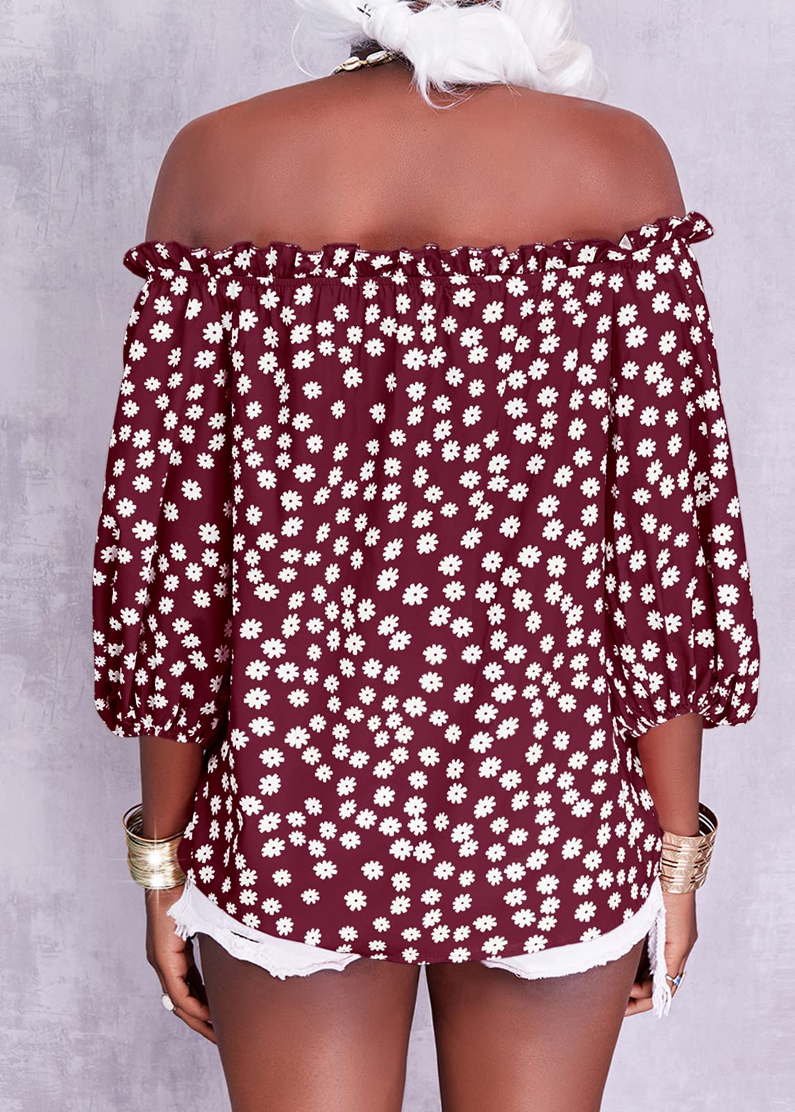 Teurkia Womens Summer Off Shoulder Blouse Floral Print 3/4 Sleeve Casual Chiffon Tops Shirts
