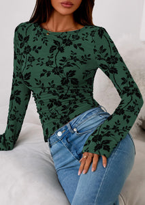 PRETTYGARDEN Women Long Sleeve Floral Mesh Tops Blouse 2025 Fall Trendy Boat Neck Ruched Fitted Shirt Going Out Date Outfits (Dark Green,Medium)