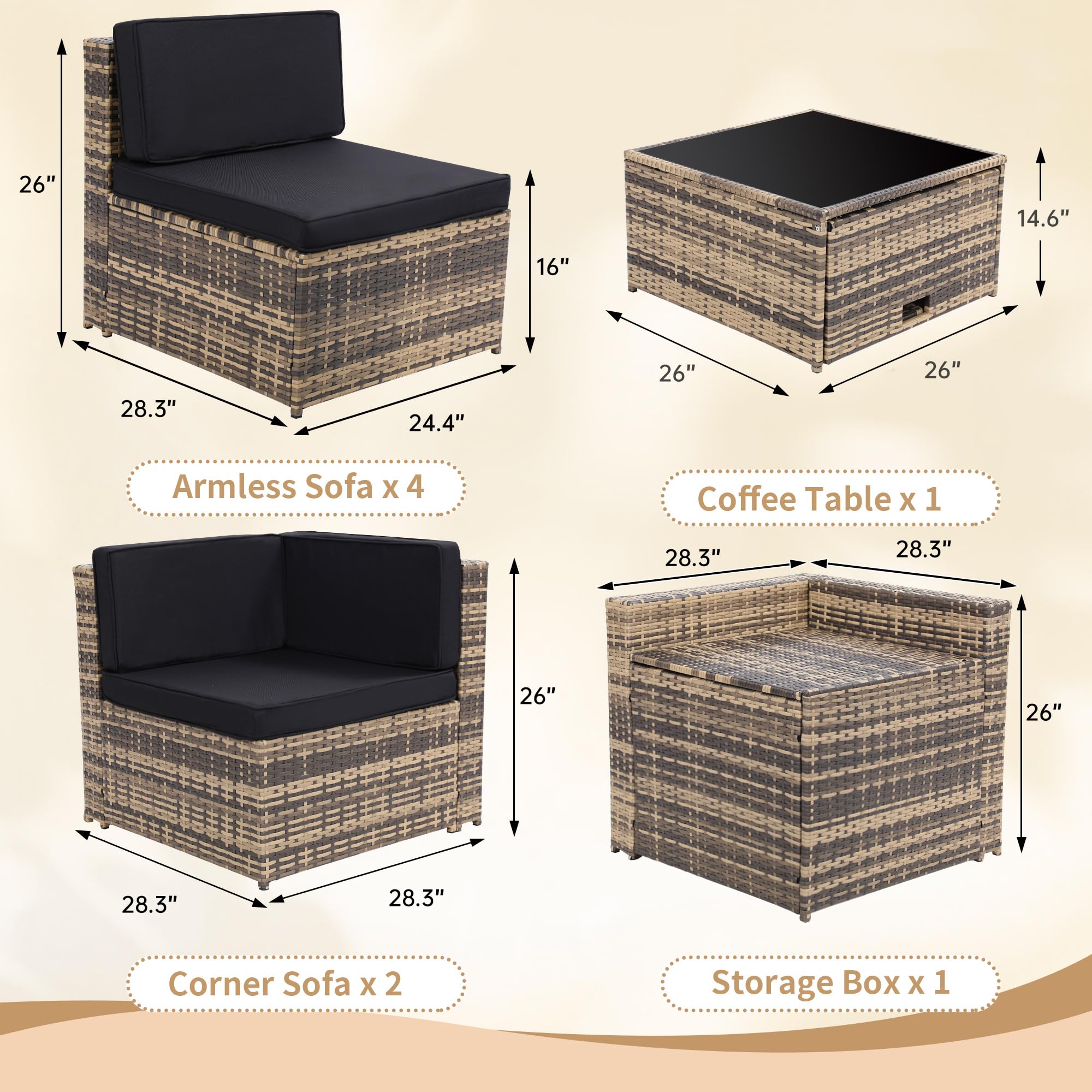 KROFEM 8 Piece Outdoor Wicker Patio Furniture Sectional Set, Glass Top Table with Hidden Storage, Includes 7 Seating Components, Natural Rattan with Black Overstuffed Cushions