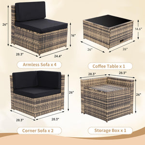 KROFEM 8 Piece Outdoor Wicker Patio Furniture Sectional Set, Glass Top Table with Hidden Storage, Includes 7 Seating Components, Natural Rattan with Black Overstuffed Cushions