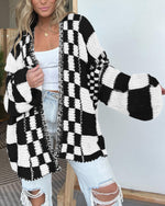 Load image into Gallery viewer, BTFBM Casual Cardigan Sweater for Women Fall 2025 Long Sleeve Open Front Chunky Knit Sweaters Checkered Outwear Coat(Black,Medium)
