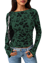 Load image into Gallery viewer, PRETTYGARDEN Women Long Sleeve Floral Mesh Tops Blouse 2025 Fall Trendy Boat Neck Ruched Fitted Shirt Going Out Date Outfits (Dark Green,Medium)
