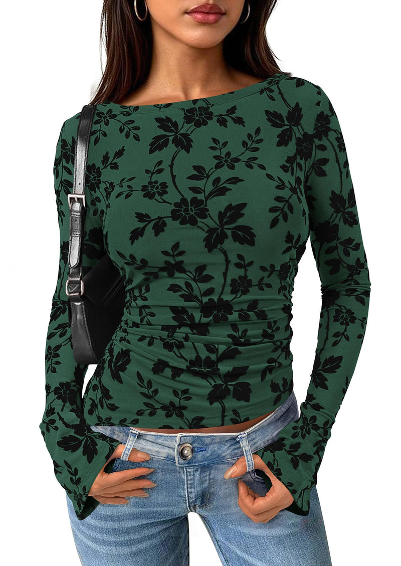 PRETTYGARDEN Women Long Sleeve Floral Mesh Tops Blouse 2025 Fall Trendy Boat Neck Ruched Fitted Shirt Going Out Date Outfits (Dark Green,Medium)