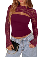 Load image into Gallery viewer, Xuiqx Women's Lace Long Sleeve Going Out Top Sexy Y2K Cut Out Double Lined Slim Night Out Club Party Tops (Burgundy Medium)
