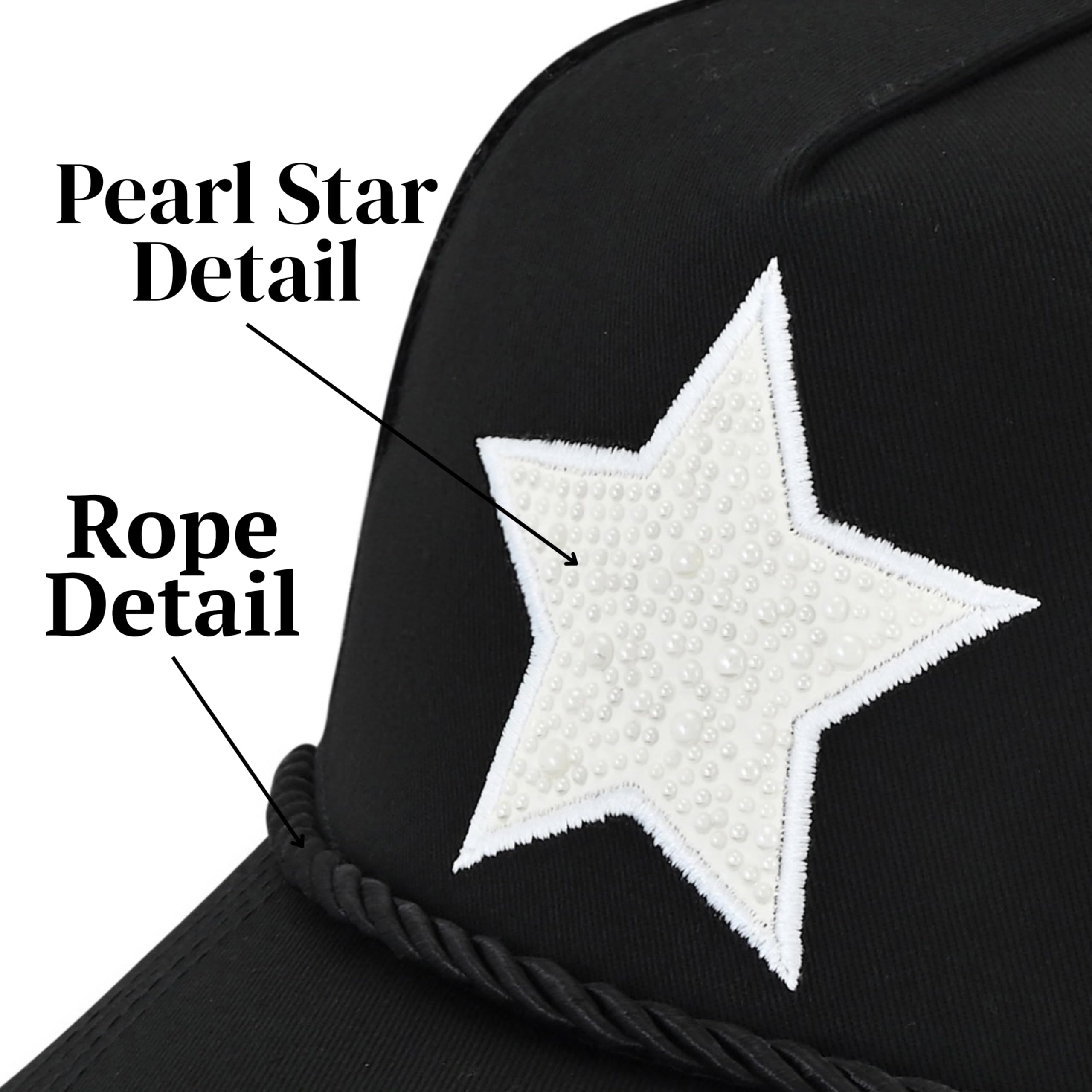 VINTAGE HAVANA Black Trucker Hats Women White Pearl Embellished Star & Rope | Mesh Adjustable Snapback Hat | Men Women Baseball Cap