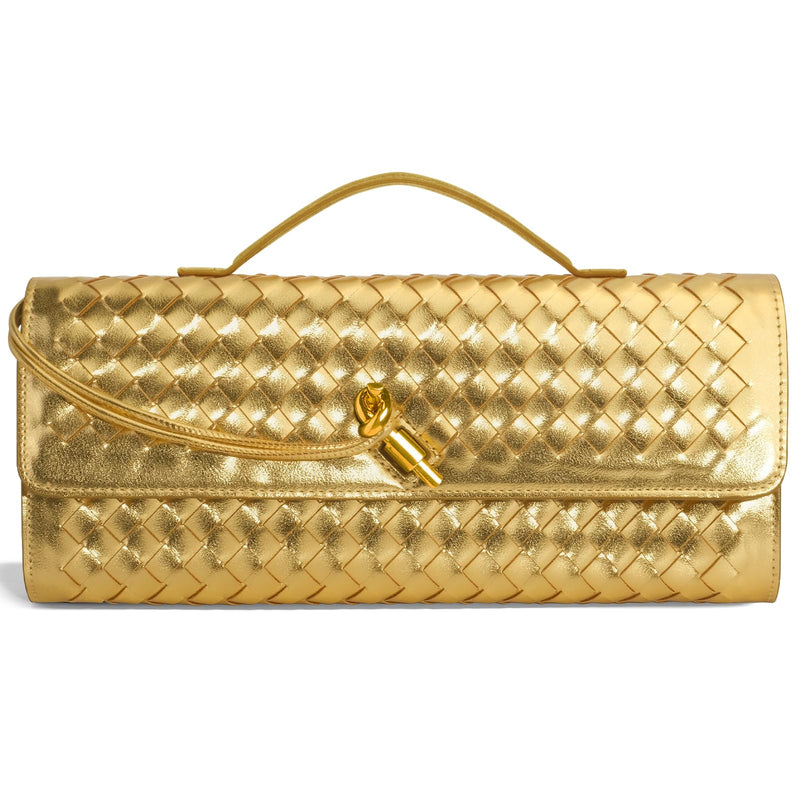 Jumping Deer Woven Clutch Purses for Women, Gold Clutch Formal Satchel Leather Evening Bag Shoulder Handbag, Gold