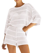 Load image into Gallery viewer, PRETTYGARDEN Women&#39;s Summer 2 Piece Swimsuit Coverup Hollow Out Knit Half Sleeve Tops Shorts Sets Bathing Suit Beach Outfits (White,Medium)

