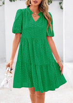 Load image into Gallery viewer, KIRUNDO Eyelet Summer Dresses for Women Mini Casual Hollow Out Short Sleeve Lace Tiered V Neck Shift Dress with Pockets(Green, Medium)

