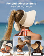 Load image into Gallery viewer, FURTALK Sun Visor Hats for Women Wide Brim Straw Ponytail Summer Beach Hat UV UPF Packable Foldable Travel Khaki
