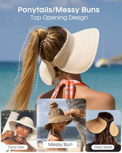 FURTALK Sun Visor Hats for Women Wide Brim Straw Ponytail Summer Beach Hat UV UPF Packable Foldable Travel Khaki