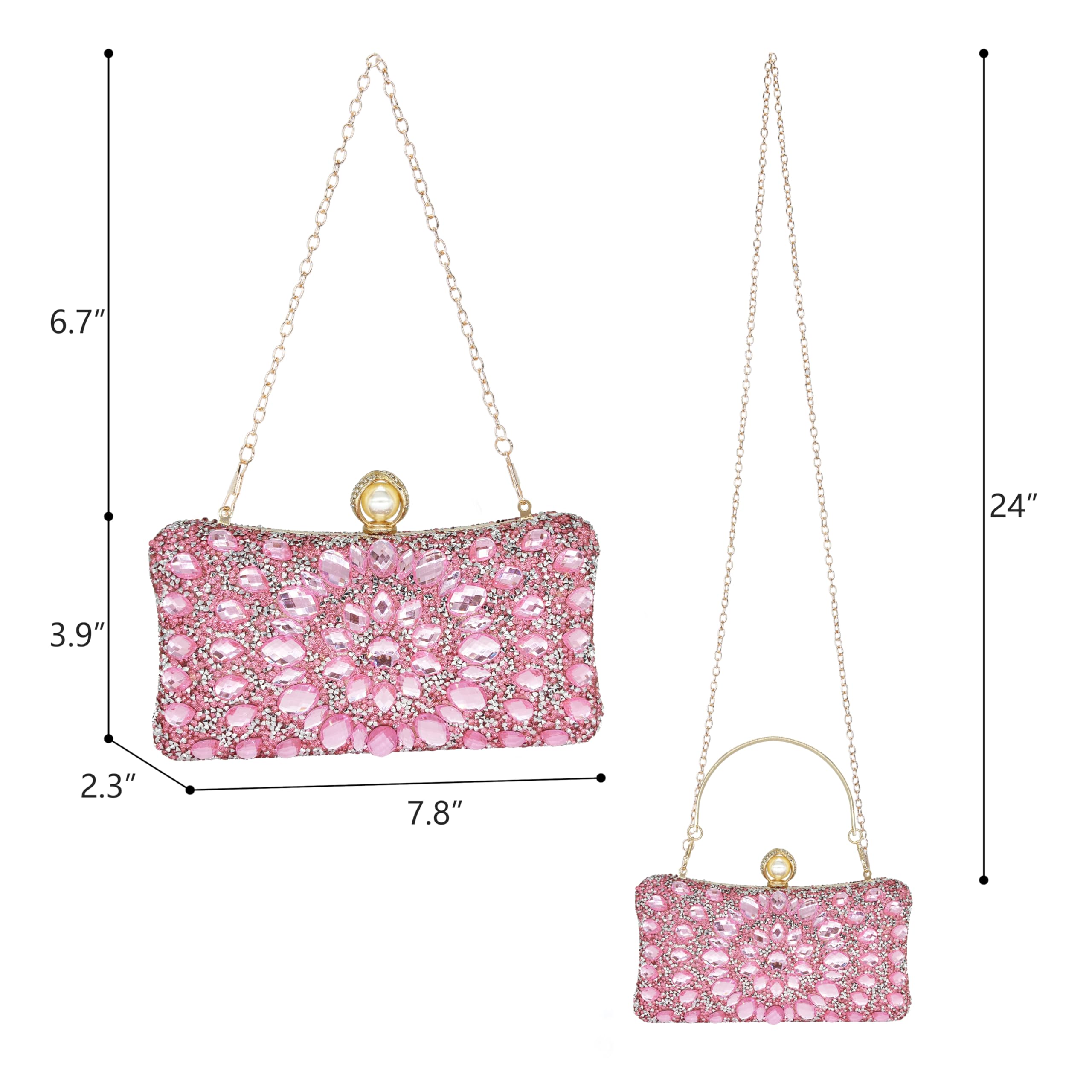 MAIRLOM Rhinestone Clutch Purses for Women Evening Wedding Formal - Pearl Clasp Handbag Crystal Gemstone Bag for Party Prom(Pink)