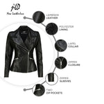 Load image into Gallery viewer, Jild Women's Asymmetrical Zip-Up Real Lambskin Leather Motorcycle Jacket - Casual Fashion Moto Biker Leather Jacket Women (BW-Blk-XS)
