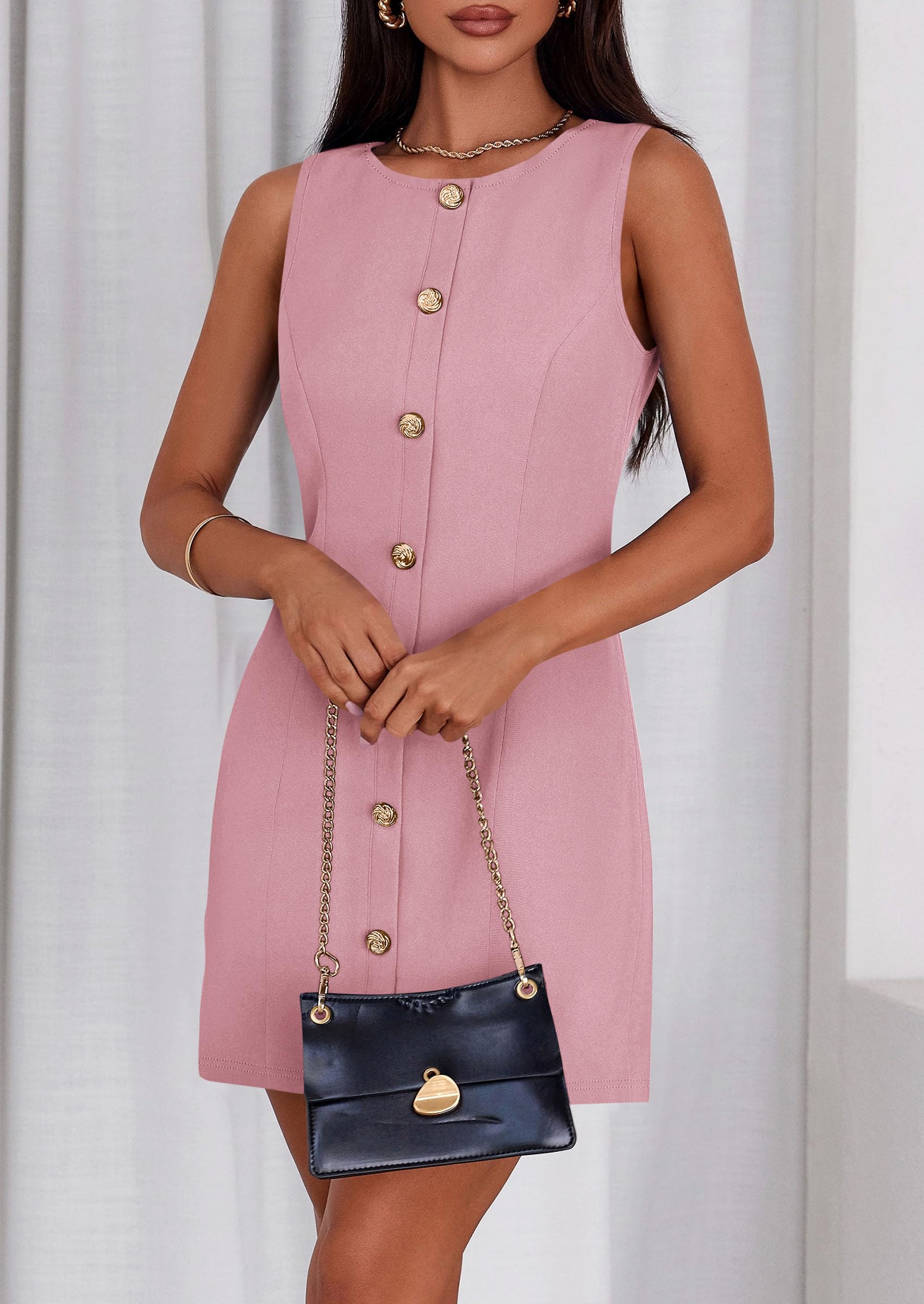 PRETTYGARDEN Work Dresses for Women 2025 Summer Business Formal Short Dress Sleeveless Button Down Elegant Office Outfits (Pink,Small)