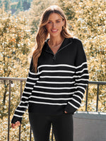 Load image into Gallery viewer, LILLUSORY Women&#39;s Quarter Zip Striped Oversized Sweater 2025 Mock Turtleneck Fall Fashion Outfit Black-White M
