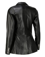 Load image into Gallery viewer, Jild Double Breasted Fancy Buttons Lambskin Leather Blazer Women - Kim Kardashian Long Sleeve Coat Style Leather Jacket Women (FC-Blk-M)
