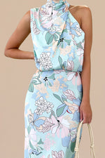 Load image into Gallery viewer, PRETTYGARDEN Women&#39;s 2025 Summer Satin Dress Elegant Sleeveless Mock Neck Cocktail Party Maxi Dresses (Print Blue,Medium)
