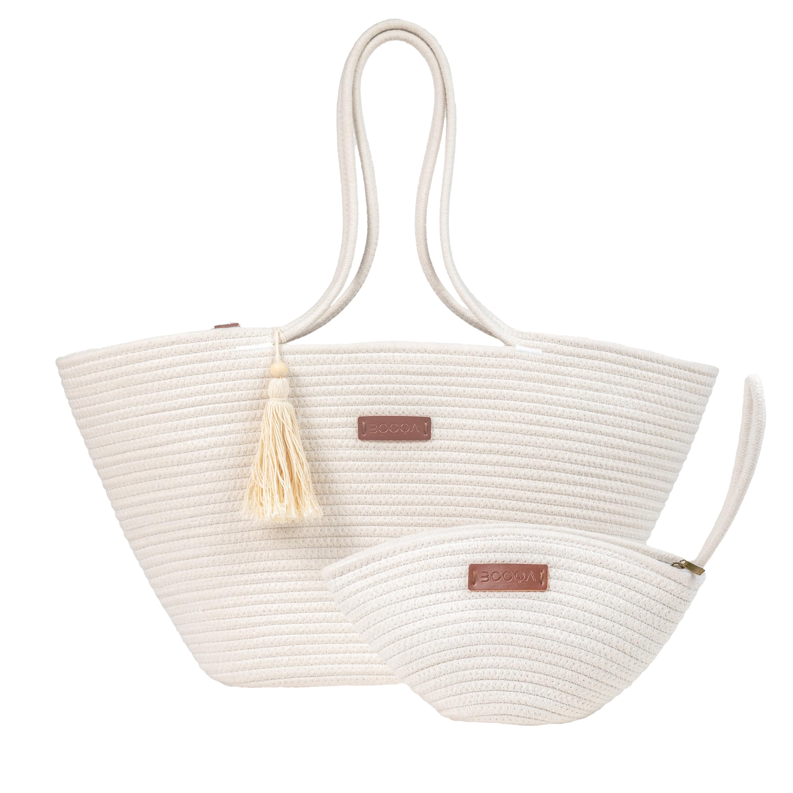 Large Woven Tote & Small Handbag Set for Women, Cotton Rope Shoulder Bag for Beach Pool Travel Weekends, Purse for Essentials (White)