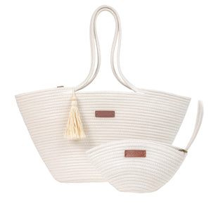 Large Woven Tote & Small Handbag Set for Women, Cotton Rope Shoulder Bag for Beach Pool Travel Weekends, Purse for Essentials (White)