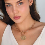 Load image into Gallery viewer, POMINA Chunky Gold Coin Necklace for Women Trendy Fashion Statement Toggle Necklace Worn Gold Tone Pendant Necklace Women Jewelry Gifts (Worn Gold)
