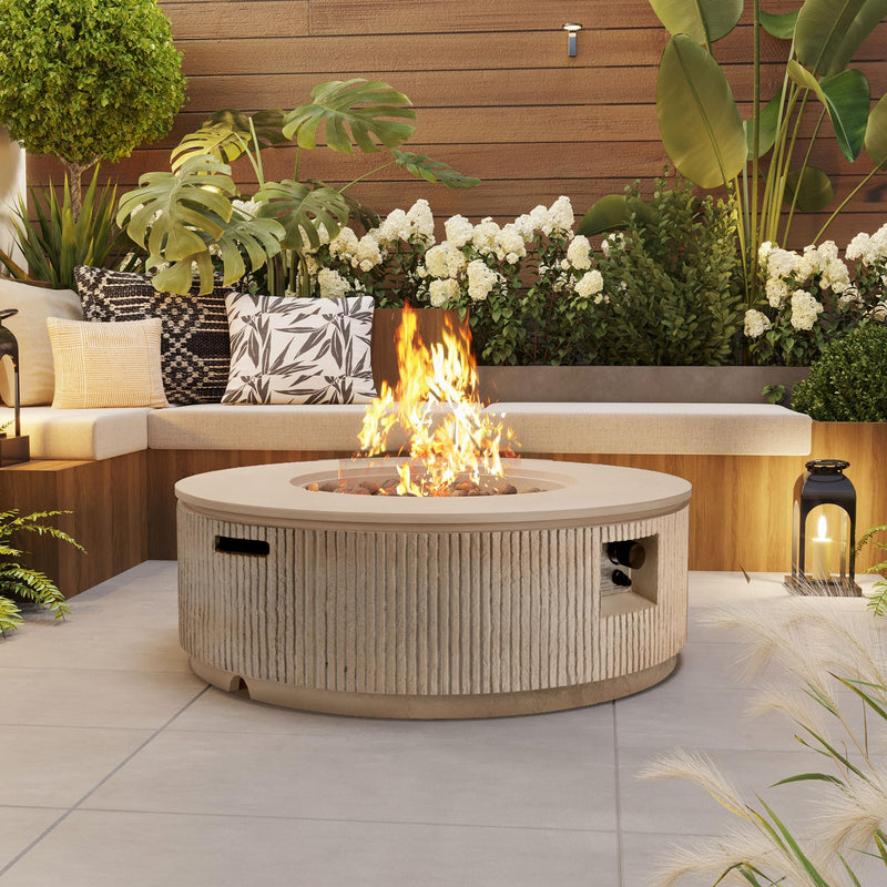 Merax 38.19'' MGO Propane Outdoor Fire Pit with Vertical Stripe Design, 50000 BTU Round Fire Pit Table with Steel Burner, Adjustable Flame Control, Lava Rocks & Rain Cover for Patio&Backyard, Brown