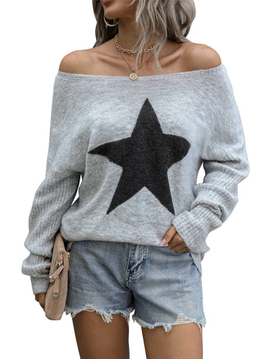 Blooming Jelly Women's Off The Shoulder Sweaters Cute Fall Tunic Tops Knitted Pullover Sweater Grey