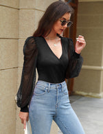 Load image into Gallery viewer, Fayenne Womens Tops Deep V Neck Cross Wrap Sexy Tops Polka Dot Mesh Long Sleeve T Shirt Casual Blouses Black
