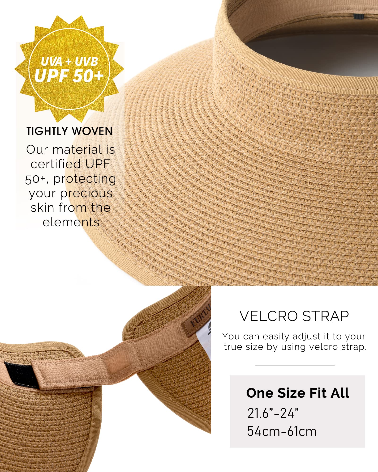 FURTALK Sun Visor Hats for Women Wide Brim Straw Ponytail Summer Beach Hat UV UPF Packable Foldable Travel Khaki