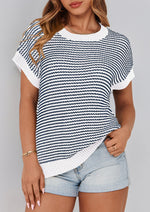 Load image into Gallery viewer, PRETTYGARDEN Womens Short Sleeve Sweater Spring Summer 2025 Round Neck Striped Pullover Cap Sleeve Knit Sweater Vest Tops(Striped White Navy,Medium)
