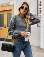 Load image into Gallery viewer, Blooming Jelly Women's Chunky Sweater Crewneck Sweatshirt Knit Lantern Sleeve Oversized Pullover Sweater with Pearls(Small,Grey)
