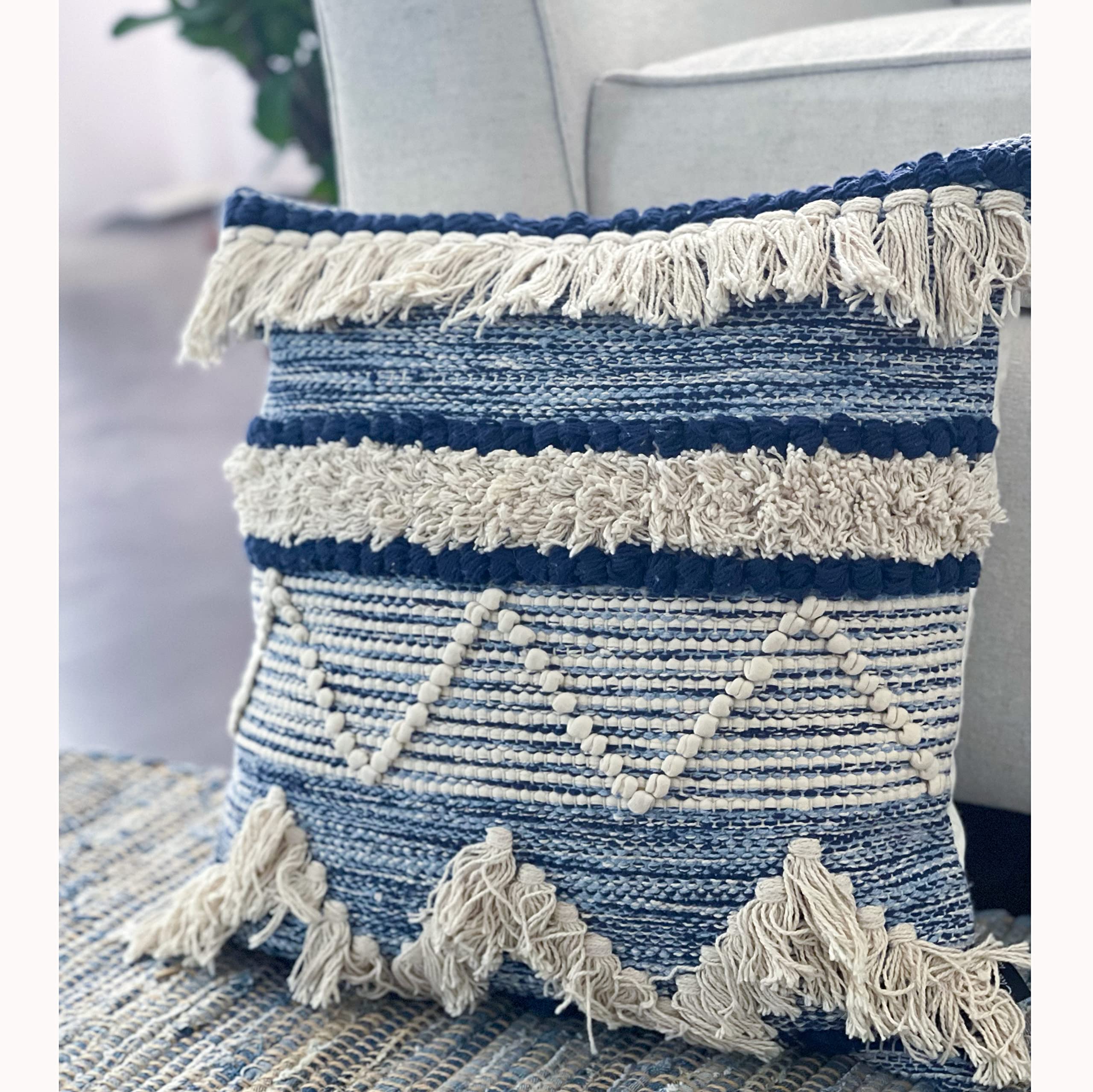 Chardin home Montego Farmhouse Decorative Throw Pillow Covers (Set of 2). Boho Soft Warm Cotton Woven Square Pillow Cover 18x18 for Couch Sofa Bedroom, Blue/Off-White