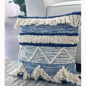 Chardin home Montego Farmhouse Decorative Throw Pillow Covers (Set of 2). Boho Soft Warm Cotton Woven Square Pillow Cover 18x18 for Couch Sofa Bedroom, Blue/Off-White