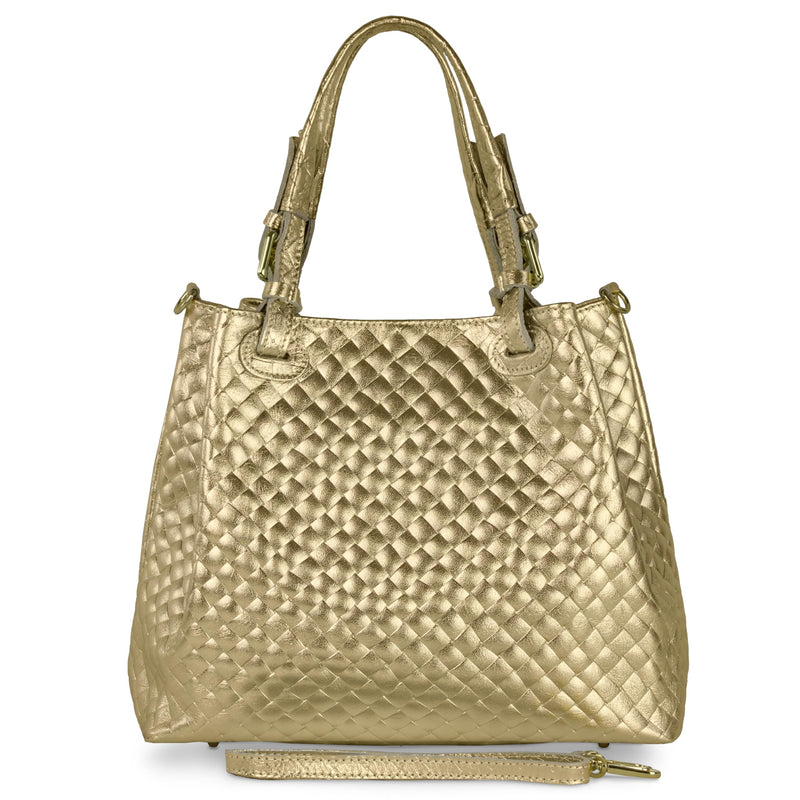 Italian Genuine Metallic Suede Handbag for Women with Adjustable Strap| Medium Woven Effect Top-Handle Crossbody (Gold)