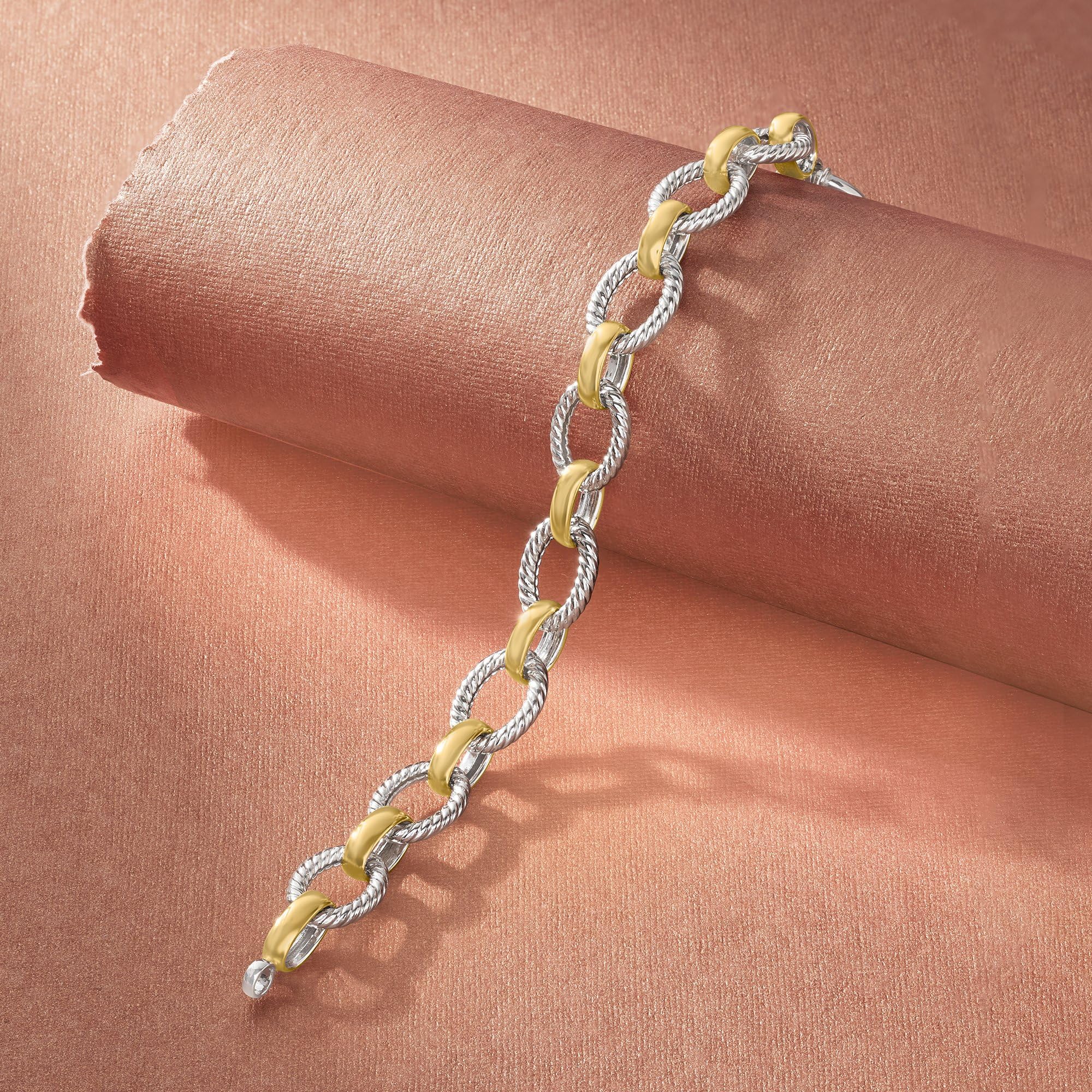 Ross-Simons Sterling Silver and 18kt Gold Over Sterling Silver Twisted-Oval Link Bracelet. 8 inches