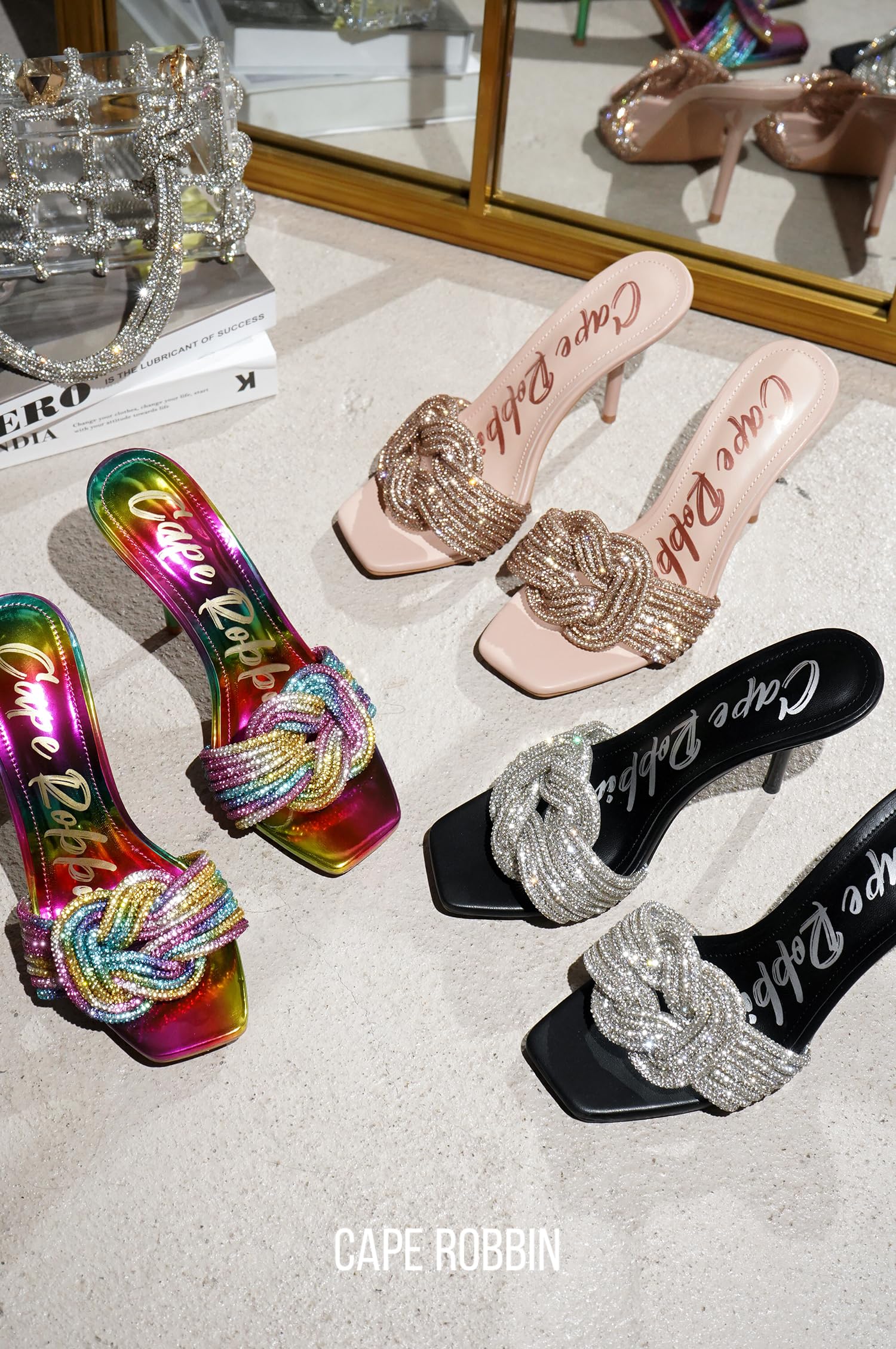 Cape Robbin Women's Stiletto Heels - Slip-On Sandals with Rhinestone-Embellished Knot & Open Toe (Flynn) - Rainbow Pink Green Yellow Multicolored Size 7