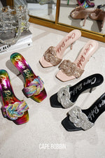 Load image into Gallery viewer, Cape Robbin Women&#39;s Stiletto Heels - Slip-On Sandals with Rhinestone-Embellished Knot &amp; Open Toe (Flynn) - Rainbow Pink Green Yellow Multicolored Size 7
