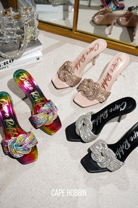 Cape Robbin Women's Stiletto Heels - Slip-On Sandals with Rhinestone-Embellished Knot & Open Toe (Flynn) - Rainbow Pink Green Yellow Multicolored Size 7