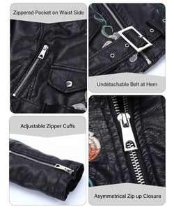 Bellivera Spring Faux Leather Jacket For Women Womens Long Sleeves Winter Faux Leather Embroidery Floral Zipper Jacket,Black1702020,Medium